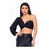 Cropped Feminino Duas Mangas Bufante Corrente Torcido Balada