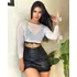 Cropped Feminino Manga Longa Em Tule Bordado Perolas Strass 
