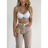 Cropped Feminino Transparente Redinha Vazado Strass Brilho 