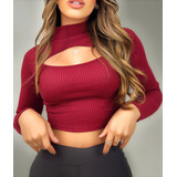 Cropped Gringa Manga Longa Blusinha Blogueira Gola Alta 