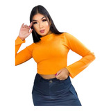 Cropped Manga Longa Loga Alta Canelado Moda Gringa Tendencia