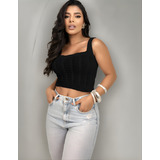 Cropped Tricot Feminino Regata Alça Grossa Detalhe Trança
