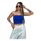 Cropped Tubo Top Tubinho Suplex Duplo Azul Royal Marrom