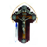 Crucifixo Estanho Madeira Ornamentado
