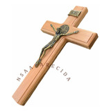 Crucifixo Madeira Parede São Bento Medalha Cruz Sagrada 26cm