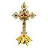 Crucifixo Mesa Bronze Cruz Parede Metal Dourada Moderna 17cm