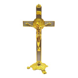 Crucifixo Mesa Bronze Cruz Parede Metal Dourada Moderna 20cm