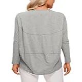 Crz Yoga Camisas De Treino De Manga Comprida Para Mulheres Soltas Fit-pima Camisas De Ioga De Algodão, Camisas Casuais De Topos De Outono Cinza Médio Heathered M