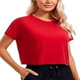 Crz Yoga Camisas Femininas De Manga Curta Pima Algodão Solto Colheita Topos Atlético Ginásio Camisa Casual Recortada Festival Red Pp