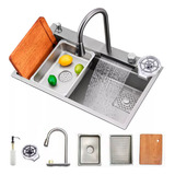 Cuba Pia Cascata Premium Completa Com Acessórios Torneira Monocomando Lavador De Copos Cozinha Cor Prata Gourmet Aço Inox 304