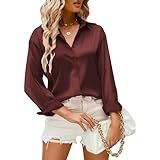 Eabel.c Blusa Feminina De Cetim E Seda Com Gola V, Abotoada, Manga Comprida, Casual, Para Negócios, Borgonha, M