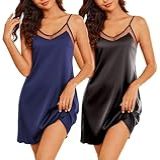 Ekouaer Pacote Com 2 Camisolas Femininas De Seda, Lingerie Sexy, De Cetim, Camisola Com Decote Em V, Preto/azul Marinho, M