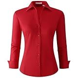 Esabel.c Camisas Femininas Com Botões, Manga Comprida, Ajuste Regular, Blusa Elástica De Trabalho, Vermelha, L