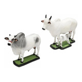 Escultura Miniatura Boi E Vaca Com Bezerro Nelore 