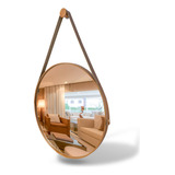 Espelho Adnet Redondo Grande 60cm Com Alça Em Couro Ecológico Caramelo Eddias Sala Quarto Banheiro Hall Decoração Suporte Parede Pino