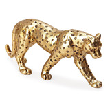 Estátua Decorativa Pantera Leopardo Enfeite Em Poliresina Cor Dourado