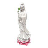Estátua Kuan Yin Cor Branco Pérola Na Flor De Lótus G 42cm