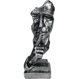 Estatueta Pensador Em Sinal De Silêncio Face Abstrata Rosto Cor Ónix/prata