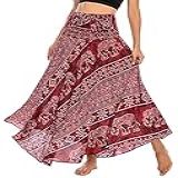 Feoya Saia Longa Boêmia Para Mulheres 94 Cm Vestido Maxi Boêmio Com Fenda Saia De Praia Com Estampa Cigana E Autoamarração, Saia Vinho Tinto, Tamanho único