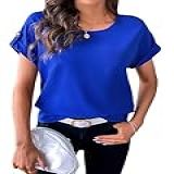 Floerns Blusa Feminina Casual Lisa Enrolada Manga Curta Cetim Seda, Azul Royal Liso, G
