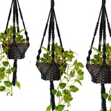 Floreira Suporte Para Vasos Macrame 03 Unidades 70cm Preto