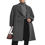 Flygo Casaco Feminino Longo Trespassado Lapela Entalhada Trench Coat Trabalho Escritório Casaco Casaco Vestido, Cinza, M