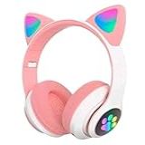 Fone De Ouvido Gatinho Cat Ear Headphone Bluetooth  Rosa Branco 