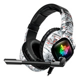Fone De Ouvido Over ear Gamer Sem Fio Onikuma Gamer K19 Camuflagem Branca Com Luz Led