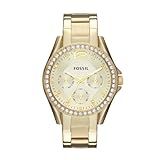 Fossil Relógio Feminino Riley De Aço Inoxidável Com Detalhes Em Cristal E Quartzo Multifuncional, Gold, Standard, Movimento De Quartzo