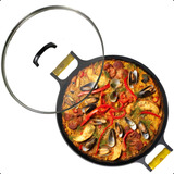 Frigideira Paella De Ferro Fundido Grande Tampa Vidro 40 Cm