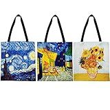 Funisfun Pacote Com 3 Sacola De Lona Reutilizável Para Compras De Supermercado Bolsa De Ombro Feminina Grande Bolsa De Mão 3 Desenhos, 33 X 35 Cm, Pintura Van Gogh, 13 X 14 Inch