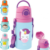 Garrafa Garrafinha Infantil De Alumínio C  Canudo Silicone Cor Unicornio