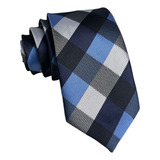 Gravata Xadrez Semi Slim Azul E Cinza