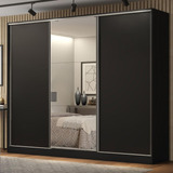 Guarda Roupa Casal 100  Mdf Madesa Royale 3 Portas Espelho Cor Preto 106209