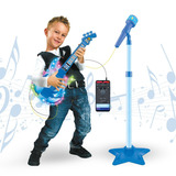 Guitarra E Microfone Infantil Instrumento Brinquedo Musical Atentu Color Azul