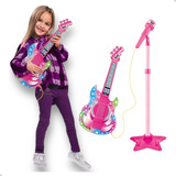 Guitarra Infantil Som Luz Microfone Menina Rock Show Dm Toys