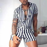 H Striped Short Sleeve Button Up Shorts