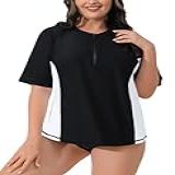Halcurt Sutiã Feminino Embutido Rash Guard Plus Size UV Swim Shirt Half Zip Swimsuit  Preto E Branco   Sutiã Embutido  1X