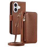 HAO RIYLN Capa Carteira Para IPhone 16 Pro Max 16 Pro 16 Plus 16 Capa Flip De Couro De Luxo Com Bloqueio RFID Com Suporte Espelhado Capa Transversal Marrom 16 Pro Max