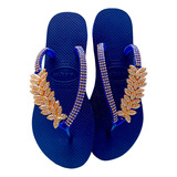 Havaiana Slim Azul Decorada Com Folhas