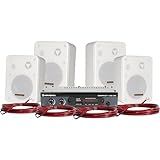 HAYONIK Kit De Som Ambiente 400W 4 Caixas Brancas 1 Amplificador E Cabos Para Ligação Entrada Óptica USB Cartão SD Entrada Auxiliar Entrada P Mic Bluetooth Rádio FM AMBIENCE 4000 V2
