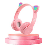 Headset Fone De Ouvido Bluetooth Led Orelha Gato Headphone Cor Rosa