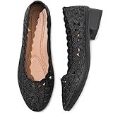 HEAWISH Sapatilhas Femininas De Balé Floral Sapatos Rasos Pretos Com Salto Sapatos Rasos De Couro Sintético Feminino Confortável Mocassim Sem Cadarço Salto Preto 40