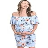 Hello MIZ Vestido De Maternidade Com Babados Florais E Ombros De Fora Feito Nos EUA Sky Blue X Large