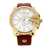 Hemobllo Relógio De Pulso Masculino Casual Esportivo à Prova D'água Com Três Olhos E Mostrador Redondo De Couro E Quartzo (dourado + Branco)