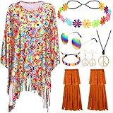 Hicarer Conjunto De Acessórios Para Fantasia Hippie Dos Anos 60 70 Tie Dye Poncho Com Borla Capas De óculos De Sol Para Festa Cosplay Colorido Brilhante 