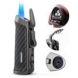 HONEST Isqueiro Maçarico Triple Jet Embutido- Gás Visível- Janela- Recarregável- Intensidade De Chama Ajustável- Bolso- Presente Para Homens- Churrasco- Cozinha- Lareira- Vela -Envoltório Carbono-