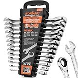 HORUSDY Conjunto De Chaves De Catraca Resistente De 13 Peças - Tamanhos Métricos De 6 A 19 Mm - Conjunto De Chaves De Combinação De Catraca De Torque Máximo Com Rack De Armazenamento - 72 Dentes - Aço