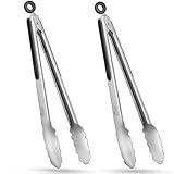 HOTEC Stainless Steel Kitchen Tongs Set Of 2 12 Inch Locking Metal Food Tongs Non Slip Grip Black
