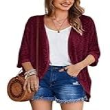 HOTOUCH Cardigã Feminino Leve Frente Aberta Manga 3 4 Casual Ajuste Solto Saída De Praia Vinho Tinto XX Large